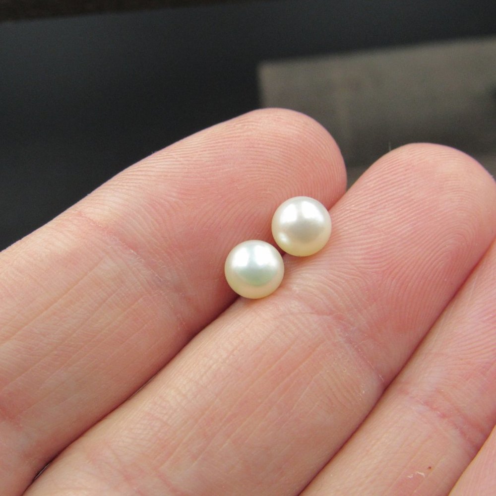 Sterling Silver Tiny White Pearl Stud Earrings - Picture 3 of 7